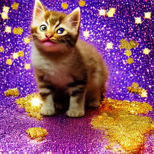 Image similar to kitten bathing itself with a glitter explosion, 8k, award winning photo, digital art