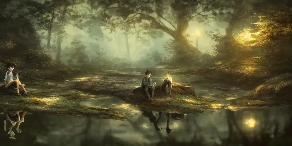 Image similar to a silver dragon and a boy sitting next to lake in forest, many fireflys, at night, concept art, dof, cryengine, digital art, detailed background, makoto shinkai