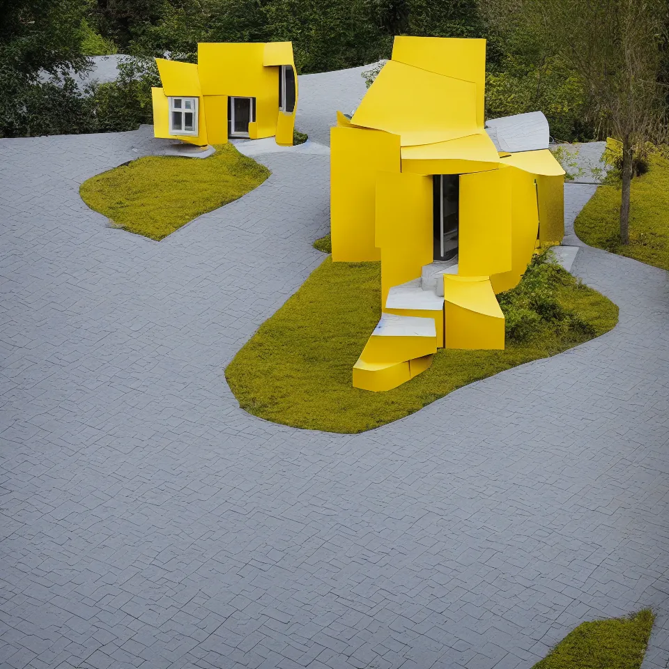 Prompt: a tiny flat house, designed by Frank Gehry. Tiles. Gravel pathway with parking. Film grain, cinematic, yellow hue