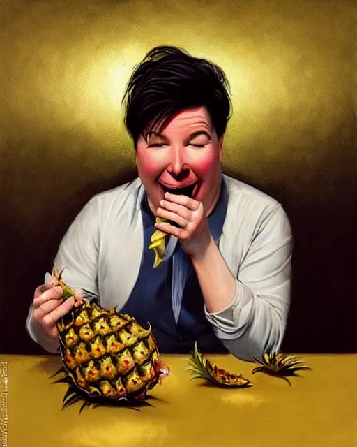 Image similar to Portrait of a drunk Michael Mcintyre eating a pineapple in a nightclub in Porto,real life skin, intricate, elegant, highly detailed, artstation, concept art, smooth, sharp focus, art by artgerm and greg rutkowski and alphonse mucha