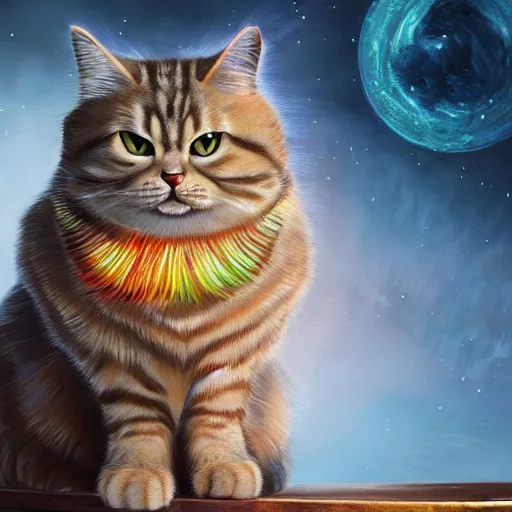 Image similar to colossal fluffy tabby cat, garfield, by alex grey, fantasy, vivid colors, sharp focus, digital art, hyper - realistic, 4 k, unreal engine, highly detailed, hd, dramatic lighting by brom, trending on artstation