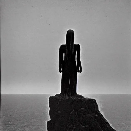 Image similar to A beautiful installation art of a human-like creature with long, stringy hair. The figure has no eyes, only a mouth with long, sharp teeth. The creature is standing on a cliff overlooking a dark, foreboding sea. by Walter Percy Day, by Norman Ackroyd balmy