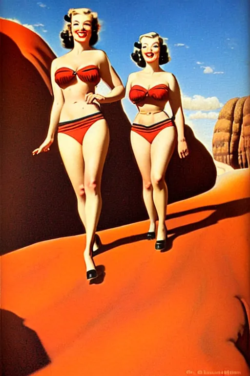Prompt: 1940s group of pinup bikini girls walking around 1940s Ayers Rock, Uluru, in Australia, oil painting, by Gil Elvgren