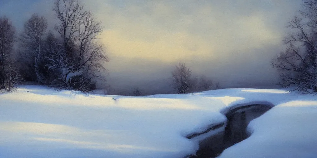 Image similar to painting a snowy landscape art by brom gerald, 8 k