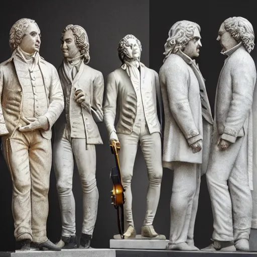 Prompt: mozart and beethoven and bach and liszt all standing next to each other, they're all statues, octane render, 8 k, highly detailed, hyper - realistic.