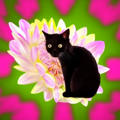 Image similar to very cute and tiny cat with one horn portrait, sitting on a Dahlia flower and flying on a pink cloud, sky background, pixar style, cinematic lightning