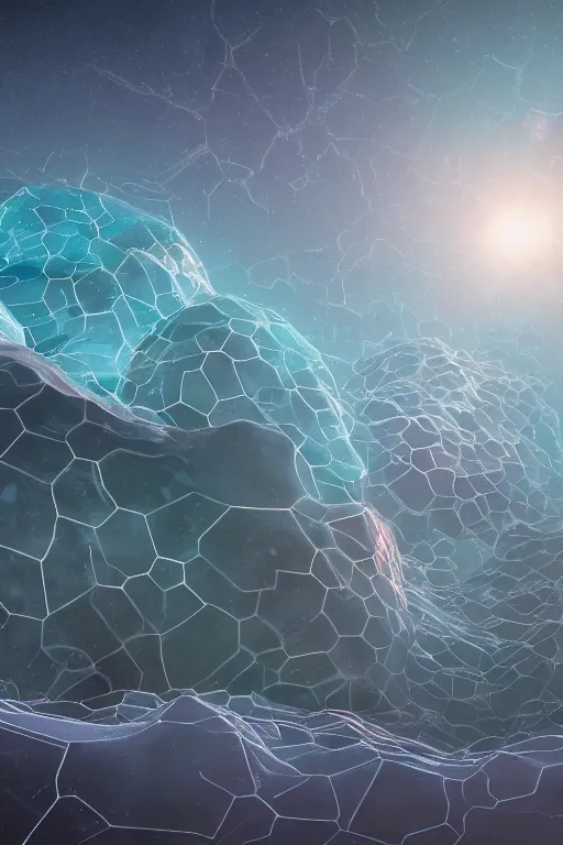 Image similar to tardigrades!!! symmetry!! a dream of a surreal alien landscape, no gravity, full of tardigrades, diffused light, surreal environmental color, crystal formations not responding to the laws of physics, ray tracing, beautiful rays of light in the cosmic dust, color aberration 4 k