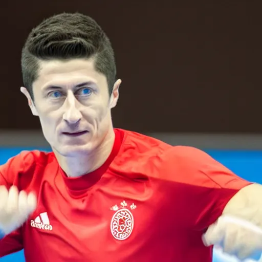 Image similar to Robert Lewandowski playing table tennis on a tournament, high quality news photography