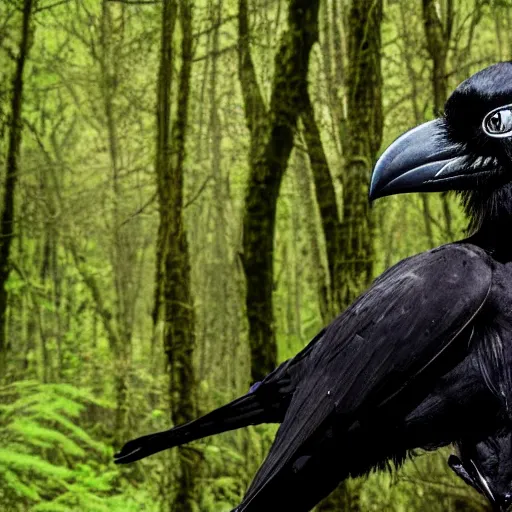 Image similar to creature consisting of a crow and a human, werecrow, photograph captured in a dark forest