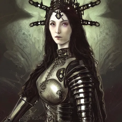 Image similar to beautiful victorian and luxury and goddess and gothic female medieval Black armor knight portrait+shiny eyes+front face with light flowing hair, ultradetail face, ruined gothic cathedral, art and illustration by tian zi and craig mullins and WLOP and alphonse mucha, ssci-fi, fantasy, intricate complexity, human structure, hypermaximalist, fantasy character concept, dynamic lighting, neon light, watermark, blurry, hyperrealism 8k