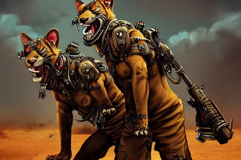 Image similar to a good ol'jaguar fursona ( from the furry fandom ), heavily armed and armored facing down armageddon in a dark and gritty version from the makers of mad max : fury road. witness me.