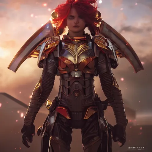Image similar to picture of fully armored valkyrie, crimson plated, sword and shield, golden wings, divine vibes, light brown hair, white skin, shiny golden eyes, pretty, sky background, sharp focus, highly detailed, cinematic lighting, studio quality, smooth render, unreal engine 5 rendered, octane, rendered, by artgerm, greg rutkowski, alphonse mucha
