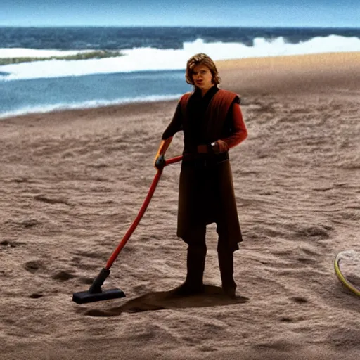 Image similar to anakin skywalker vacuuming the beach for sand, 4k, photorealistic,