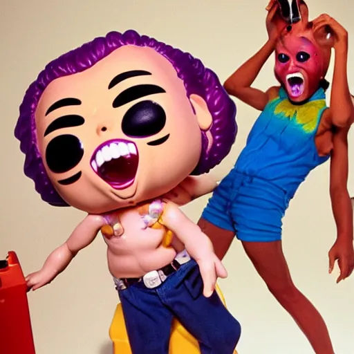 Prompt: crazy toy Pop Figure characterdesign, screaming with drooling mouth open happy, in a Studio by David lachapelle, 90s