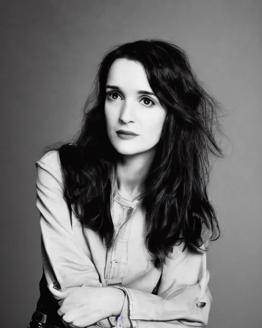 Prompt: headshot of young winona ryder, wearing a black leather jacket, tom waits t - shirt and blue jeans with a belt, photoshoot in the style of annie leibovitz, studio lighting, soft focus, bokeh