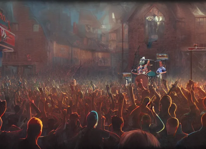 Image similar to 4 punks in school uniform with mohawks stand on stage with guitars and drums and microphones and yell day, foreground fight of ravers and punks, by marc simonetti, tyler edlin, deviantart, ray tracing, octane render, digital art, realistic, high quality, 8 k