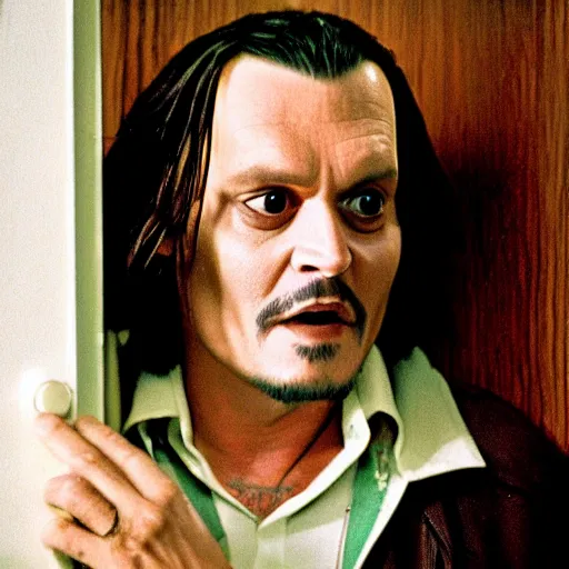 Image similar to Johnny Depp as Jack Torrance in Shining looking through the hole in the broken door