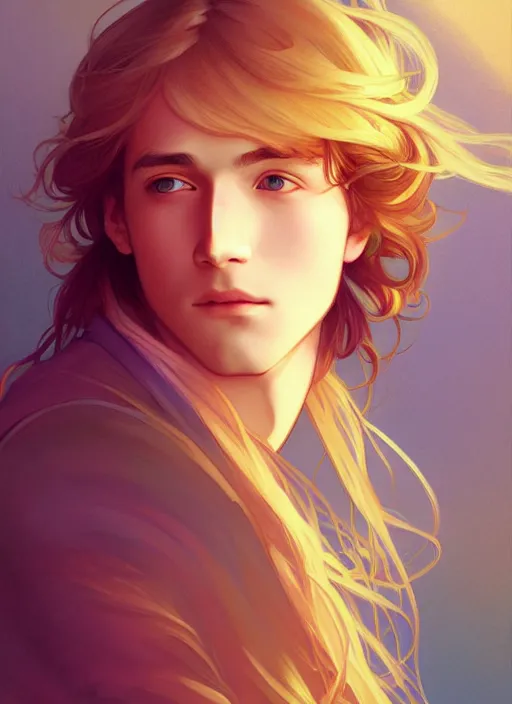 Image similar to pretty young man with shoulder length shiny shimmering golden blond hair, path traced, highly detailed, high quality, digital painting, by studio ghibli and alphonse mucha, leesha hannigan, wenjun lin, disney