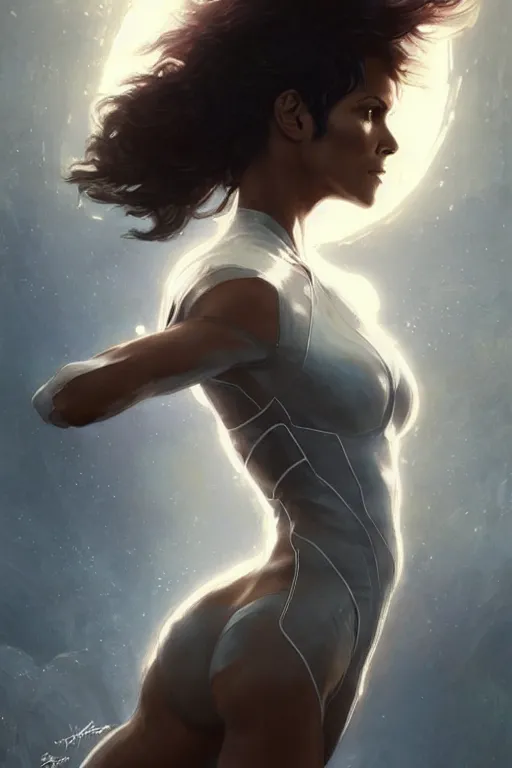 Image similar to halle berry storm as aeon flux profile picture by Greg Rutkowski, white hair, dynamic pose, intricate, futuristic, fantasy, lightning, elegant, by Stanley Artgerm Lau, greg rutkowski, thomas kindkade, alphonse mucha, loish, norman Rockwell,