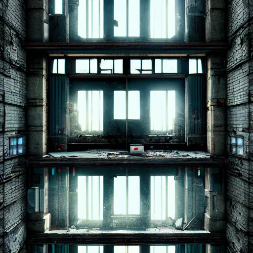 Image similar to One dilapidated building with only one window glowing. ArtStation, Cyberpunk, Vertical Symmetry, 8K, Highly Detailed, Intricate, Album Art.