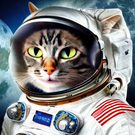 Image similar to a cat astronaut in space looking at the moon