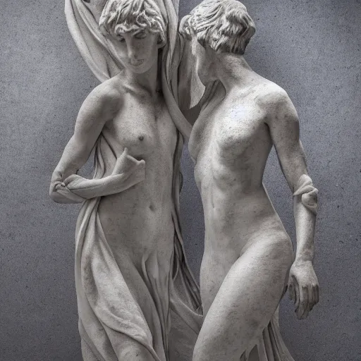 Prompt: two figures intertwined with flowing cloths covering them, marble sculpture, Geovanni Strazza, Bernini, Greek, studio lighting, bright, 4K, photography, contrast, hdri, beautiful lighting, volumetric lighting