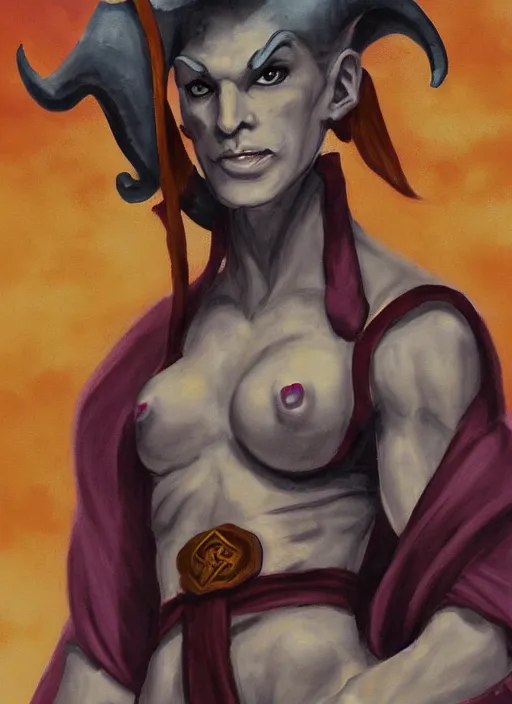 Image similar to a tough female d & d tiefling monk painted by raymond swamland