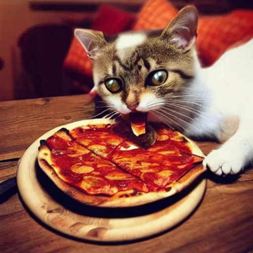 Prompt: realistic photo of a cute cat eating pizza