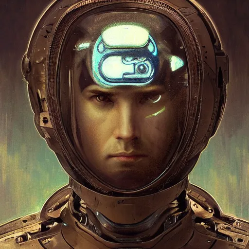 Prompt: portrait of a 5 0 year old husky male android, coy, circuitry visible in head, in the style of ex machina, karol bak, alphonse mucha, greg rutkowski, award winning, hr giger, artstation