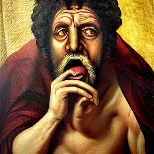 Image similar to portrait of ancient greek man yawning with big eyes and sharp nose. fine detail. artistic painting by lurid