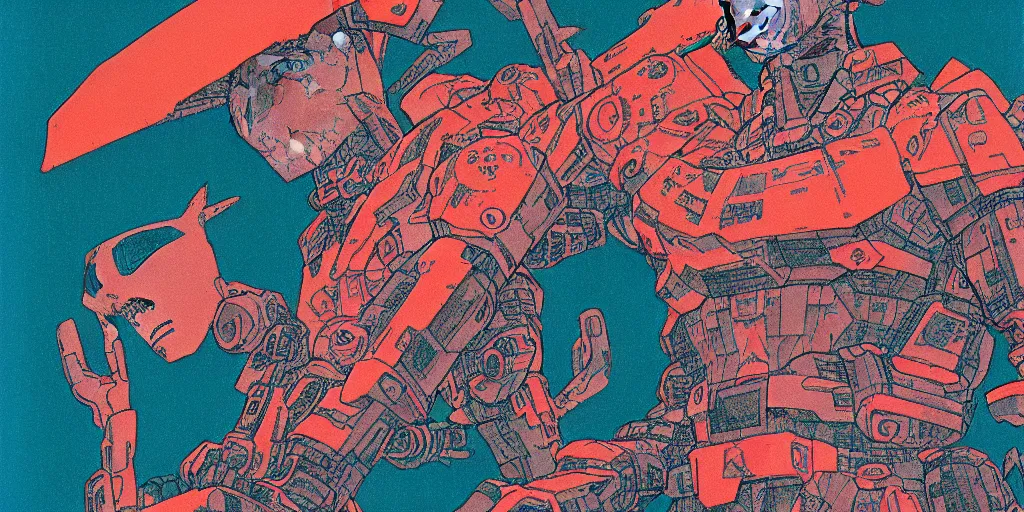 Image similar to risograph grainy drawing vintage sci - fi, satoshi kon color palette, gigantic gundam full - body covered in dead coral reef, 1 9 8 0, kodachrome, natural colors, comicbook spreadsheet, codex seraphinianus painting by moebius and satoshi kon and dirk dzimirsky close - up portrait