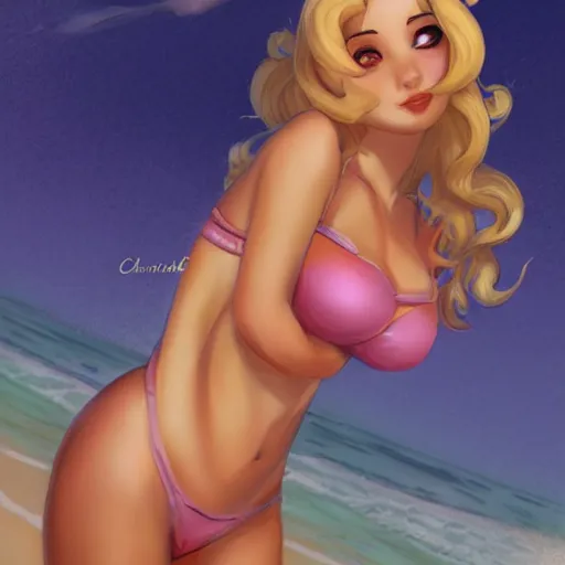 Prompt: beautiful princess peach in a bikini on the beach drawn by charlie bowater