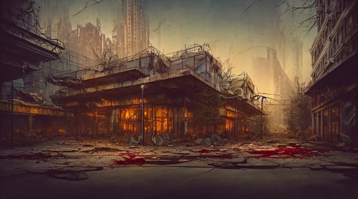 Prompt: post apocalyptic city fair building, dusk, building, avenue, americana architecture, by pascal blanche, neil blevins, apocalyptic color palette, trending on artstation, photorealistic, wilderness ambiance, ultra detailed, high definition, depth of field, bokeh, rubble, nature overgrowth, blood stains, building crumbling