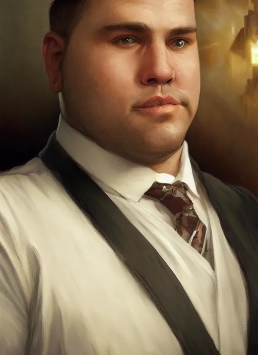 Image similar to wow! fantasy portrait of a clean - shaven chubby chubby chubby white man in a suit and tie, d & d, high fantasy, detailed, digital art, artstation, smooth, sharp focus, art by artgerm, greg rutkowski, alphonse mucha