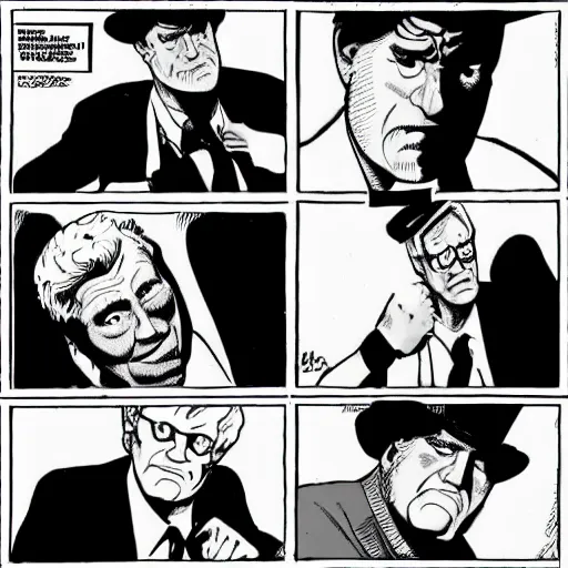 Image similar to jay leno, conan o'brien, david letterman drawn in the style of frank miller's sin city comics, black and white, panels