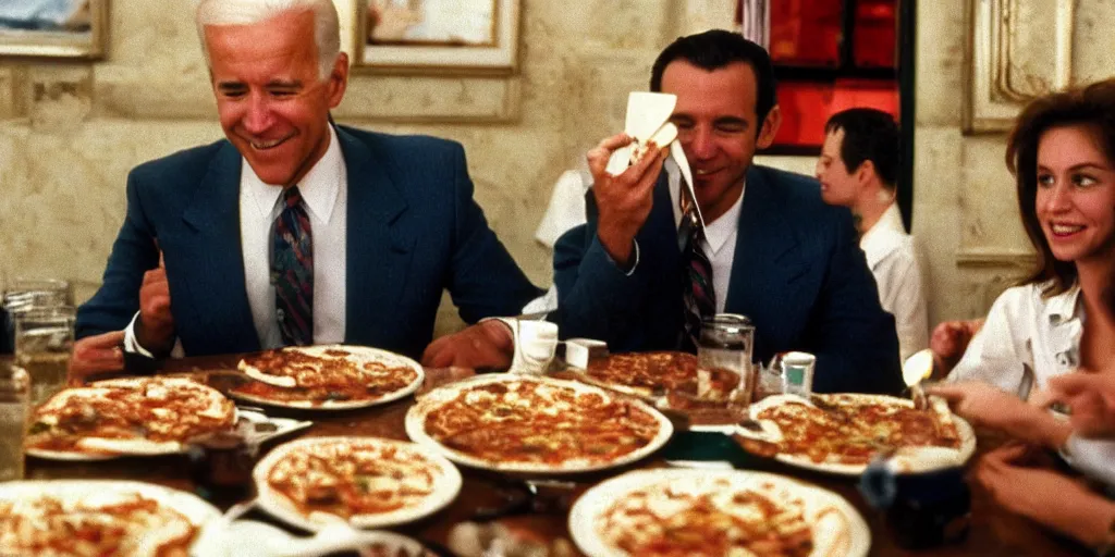 Image similar to color film of joe biden eating pizza in an italian restaurant 1 9 9 4 im the film of forest gump, grinning, close up, detailed