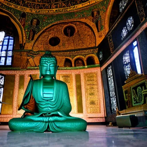 Prompt: dark green buddha being prayed in hagia sophia, dystopian universe