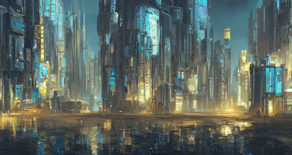 Image similar to a super detailed beautiful painting of a city by shaddy safadi, 8 k, blue hue, warm lighting, cyberpunk trending on artstation