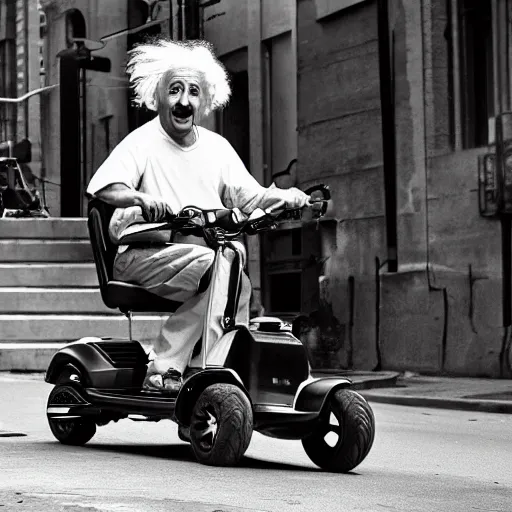 Prompt: Albert Einstein rides an electric scooter with his tongue out, moody, beautiful composition, hyper detailed, insane details , 8K