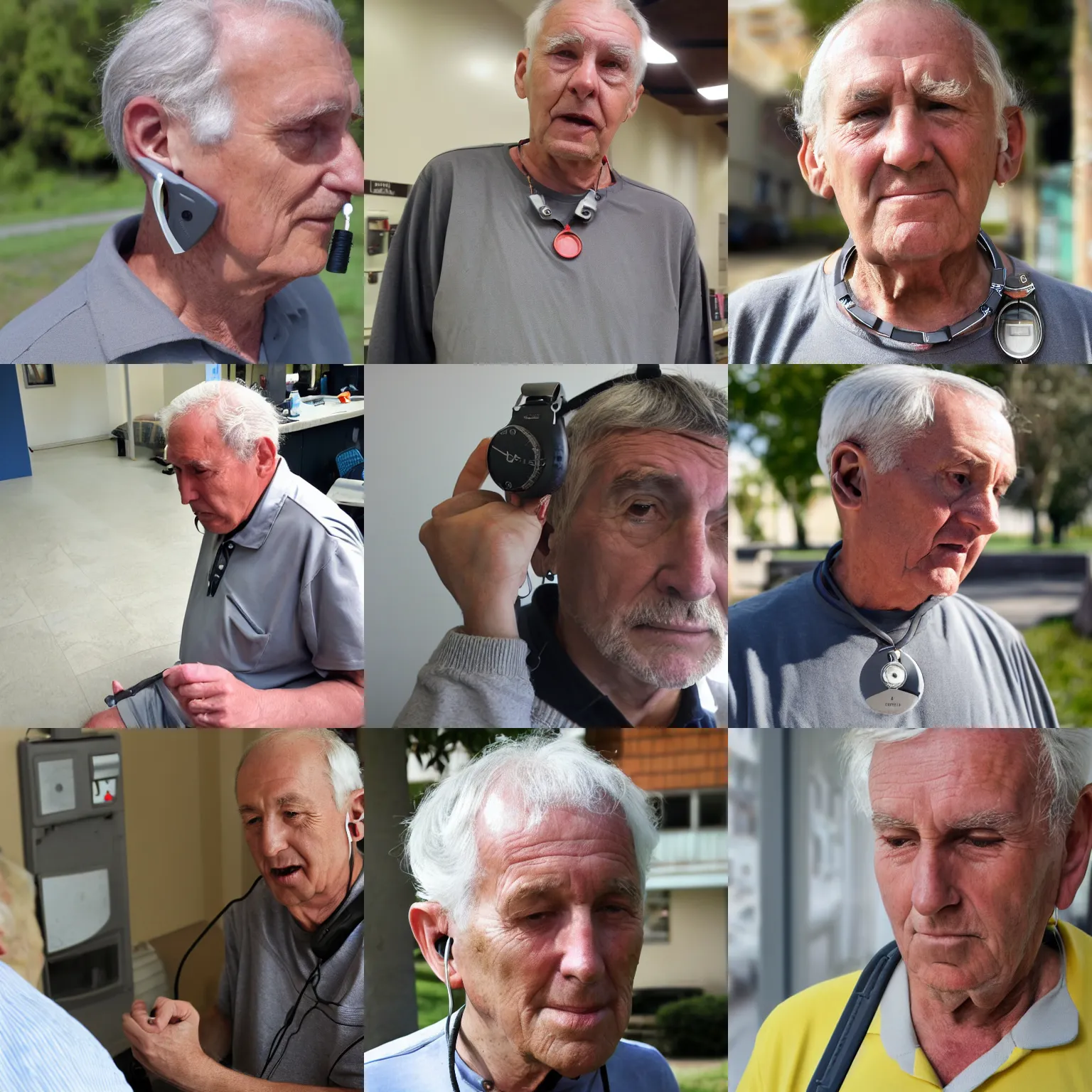 Prompt: large gray plastic dial with aa battery on top, worn by older man around neck like a necklace. he had normal behind - the - ear hearing aids which didn't seem related. saw him turn the dial ~ 4 times over couple of hours.