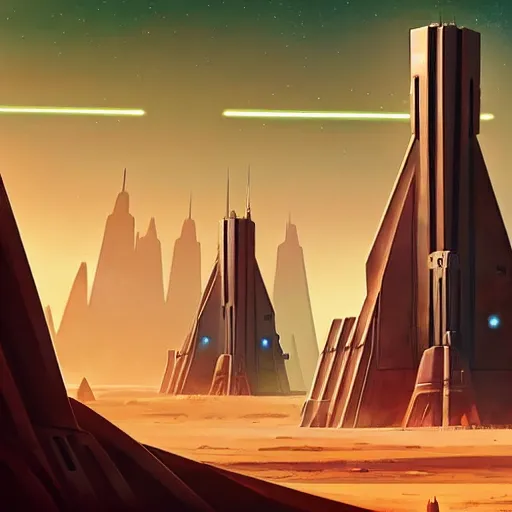 Prompt: Tall Spire Military base with Laser Turrets shooting up into the air at a Ship, Desert Planet, War, Star Wars, Warhammer 40k, Retro Futurism, Art Deco, Simon Stålenhag