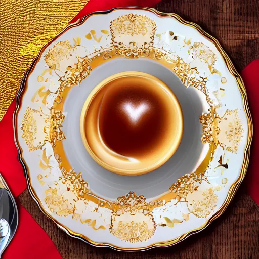 Image similar to ultra realistic photo of a cup of delicatessen pasticceria dolce cream in golden cup with rich details and luxury plates