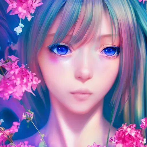 Image similar to Photorealistic beautiful anime princess with flowers. Hyperdetailed photorealism, 108 megapixels, amazing depth, glowing rich colors, powerful imagery, psychedelic Overtones, 3D finalrender, 3d shading, cinematic lighting, artstation concept art