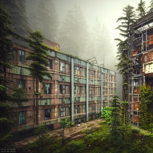 Image similar to a beautiful ultradetailed render of city building unfinished building urbex industrial architecture dormitory by antoine predock, wilderness mars steampunk reclaimed by nature forest tundra rainforest postcyberpunk myst, archdaily, wallpaper, highly detailed, trending on artstation.