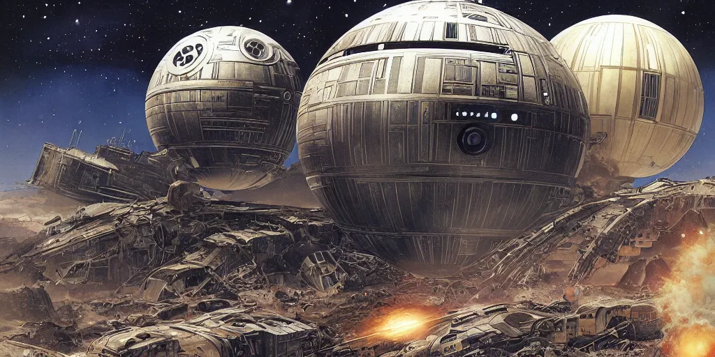 Image similar to a steampunk death star by doug chiang and ralph mcquarrie, a spaceship approaches the wreckage of a derelict in deep space,