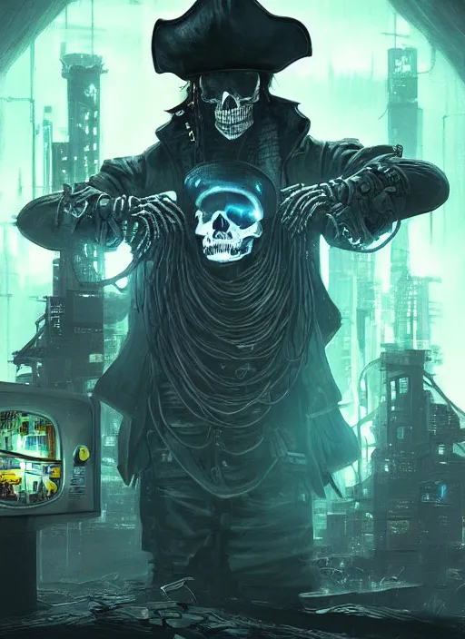 Image similar to a cyberpunk hacker pirate captain skeleton with a pirate hat sitting in front of a huge old crt monitor in a dark room, only light coming from crt monitor, highly detailed, intricate, digital art, trending on artstation, trending on cgsociety, by greg rutkowski