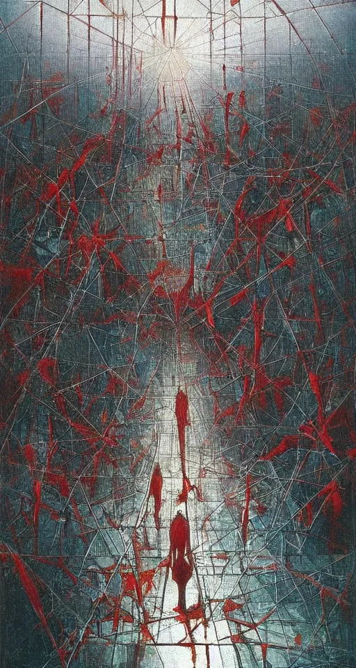 Prompt: seen through shattered glass, worshippers in red robes touching a very complex gigantic glass tesseract violently illuminating a small glass room with glass windows, reflections and refractions, very bright white light, small room!!, closeup!!, very harsh lighting, high detailed beksinski painting, part by adrian ghenie and gerhard richter. masterpiece, bright white