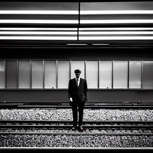 Prompt: a man in a suit waiting at a train station with a view of outer space on the other side of the tracks, award-winning photograph