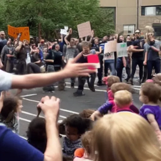 Prompt: jordan peterson lectures a group of toddlers leading to a riot and protest