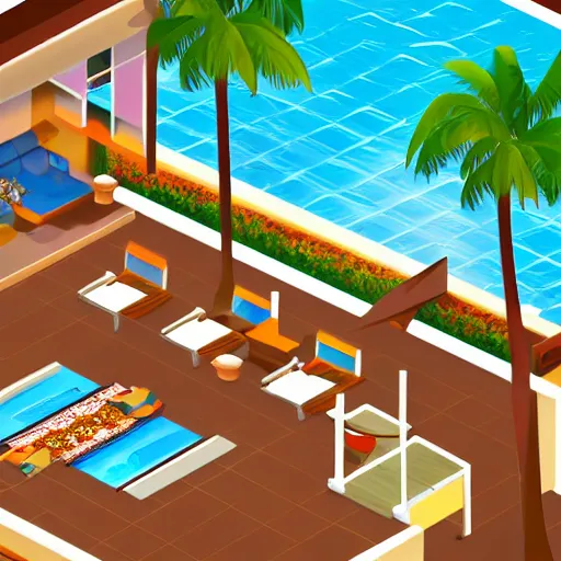 Image similar to an isometric painting of a beautiful interior design, beach, resort,